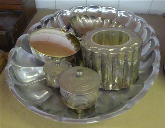 Oval pewter fluted bowl, a caddy, two boxes and a smaller bowl